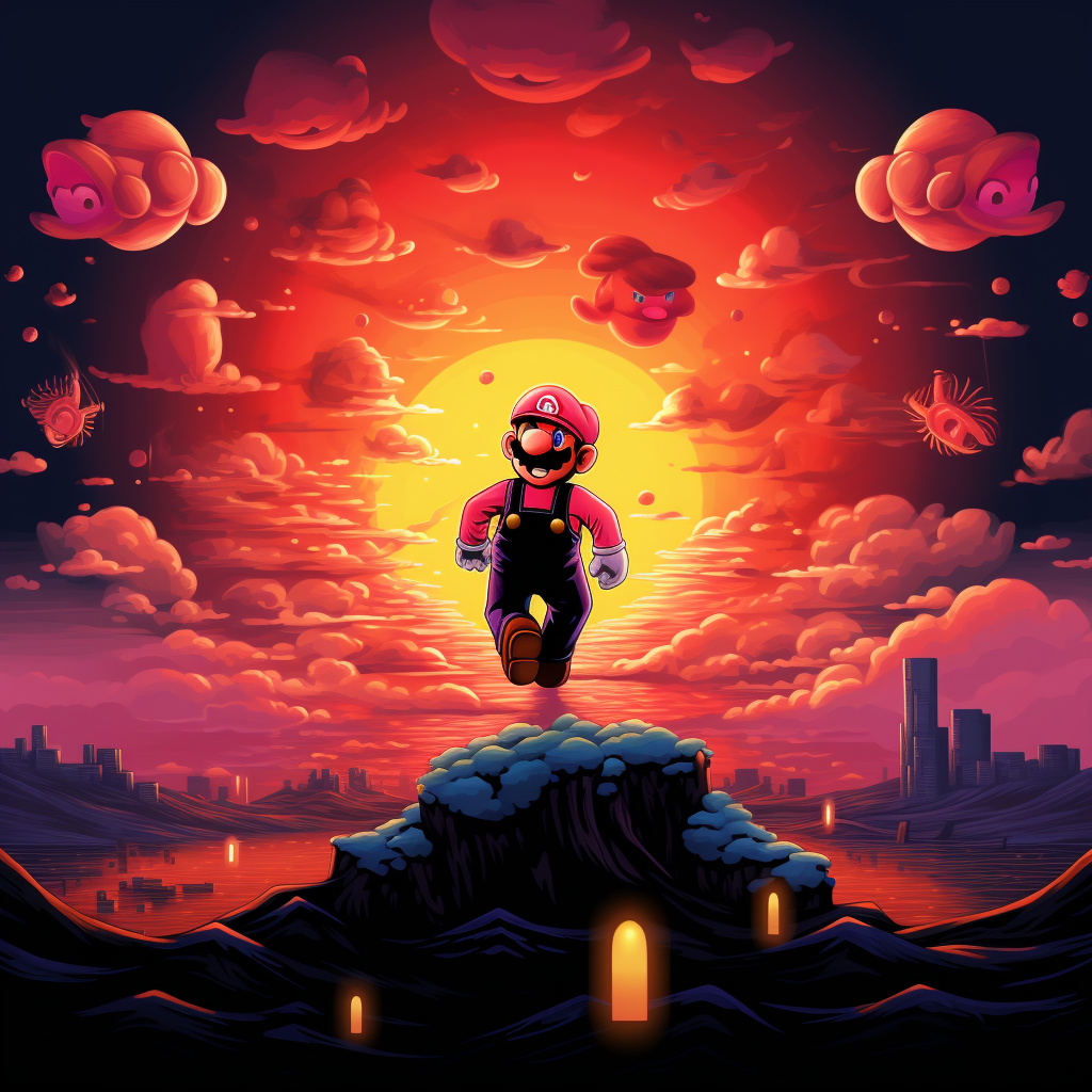 Mario chasing Princess Peach at sunset