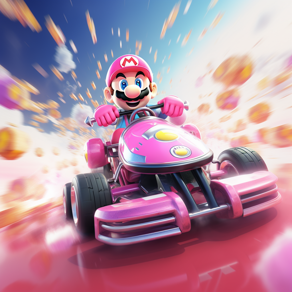 Colorful Mario Kart race on pink background with minimalistic art