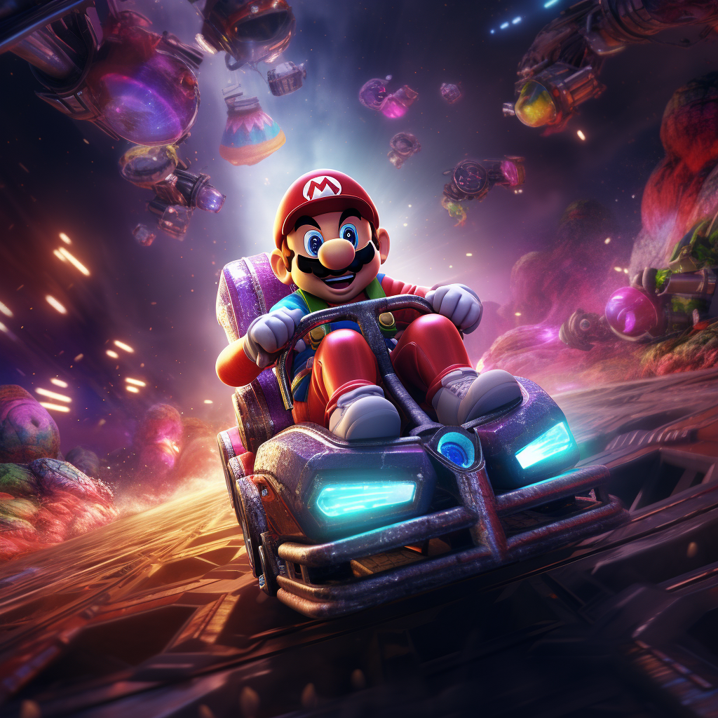 Mario Kart Riding Rainbow in Space