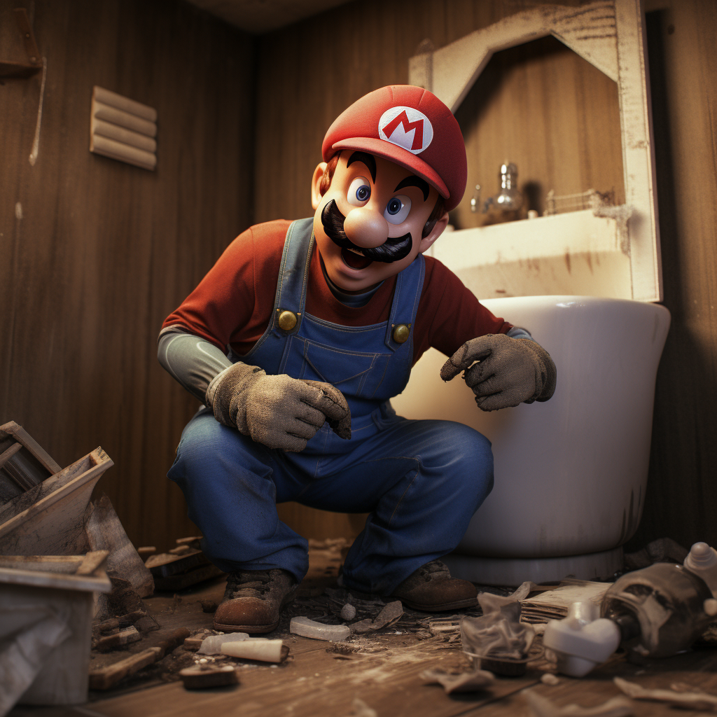 Mario fixing mud filled toilet