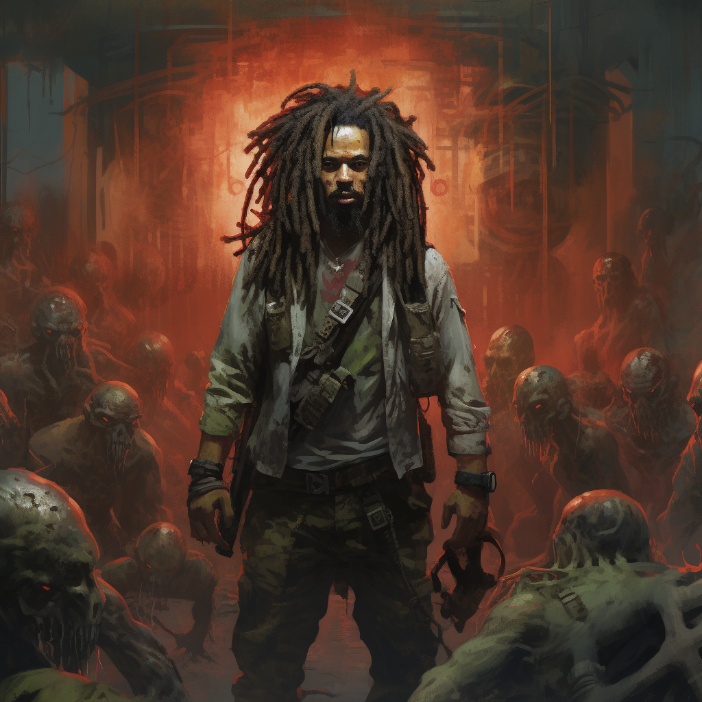 Mario Van Peeples surrounded by zombies with dreadlock hair