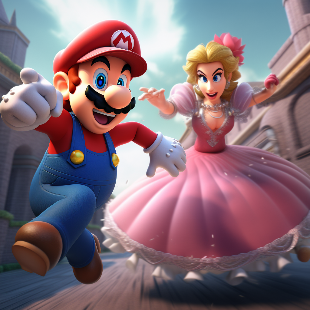 Mario chasing Princess Peach retro video game