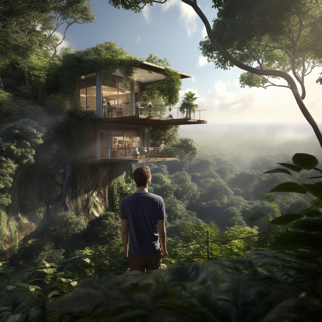 Mark Zuckerberg climbing treehouse in jungle