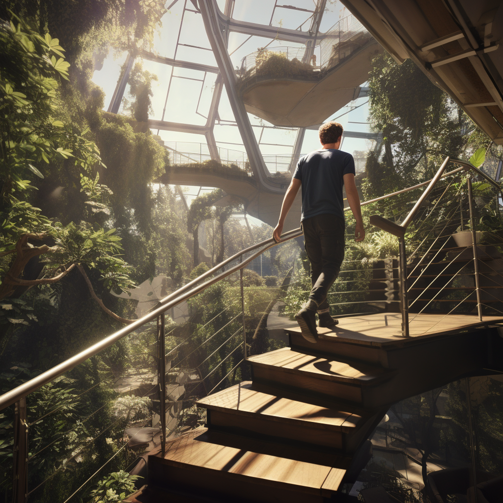 Mark Zuckerberg climbing into modern treehouse