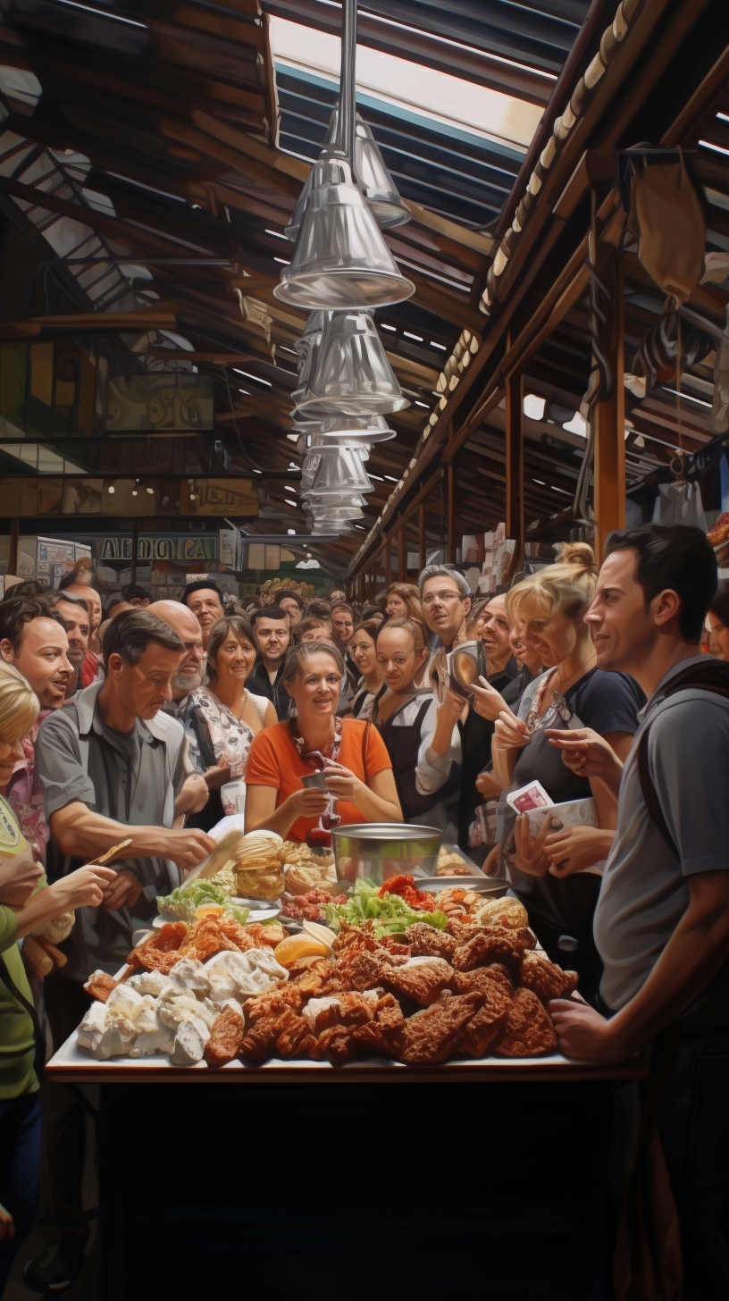 Busy market stall with long queue