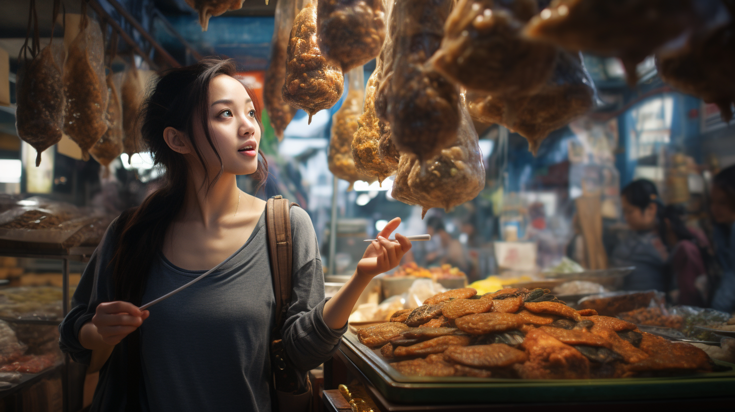 Woman tasting food in Asian market