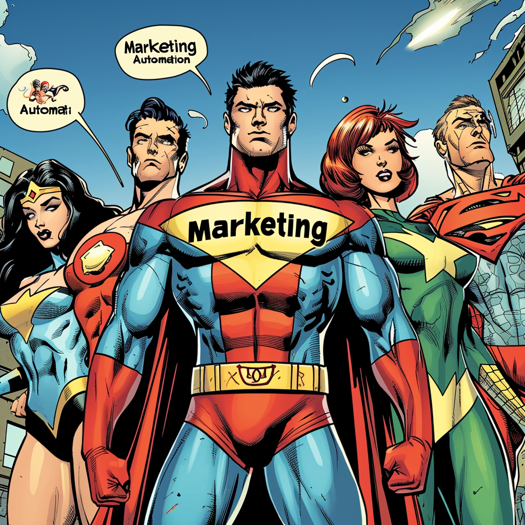 Marketing automation superheroes in comic-inspired suits