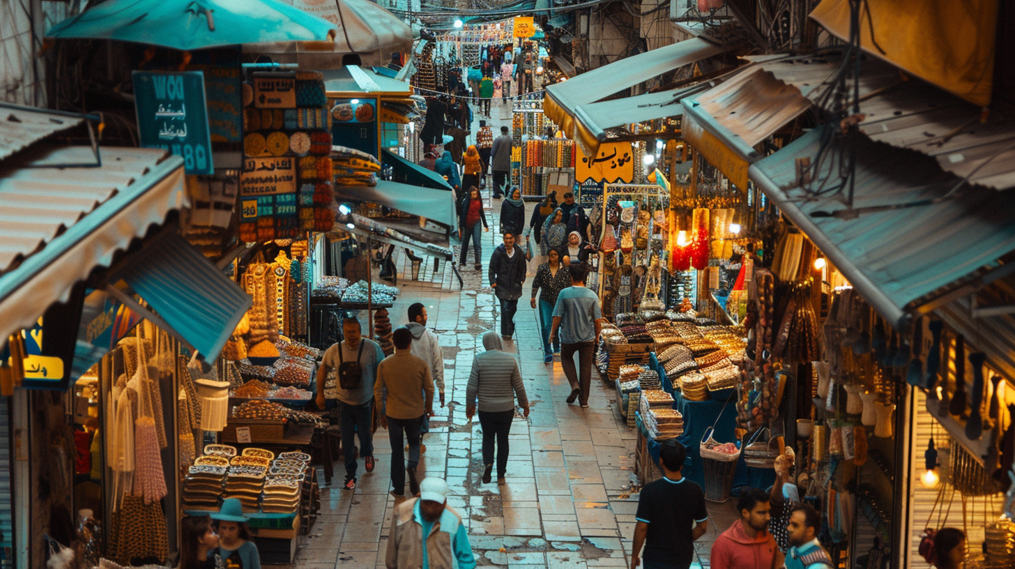 Wide shot busy marketplace