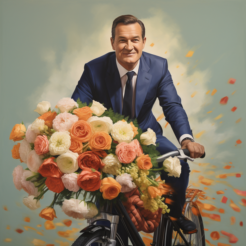 Markus Söder on a bike with bouquet