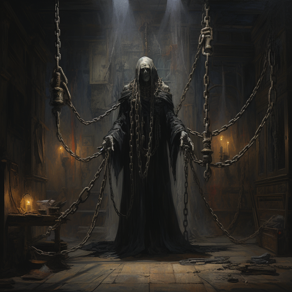 Jacob Marley's ghost floating in a Victorian room with chains