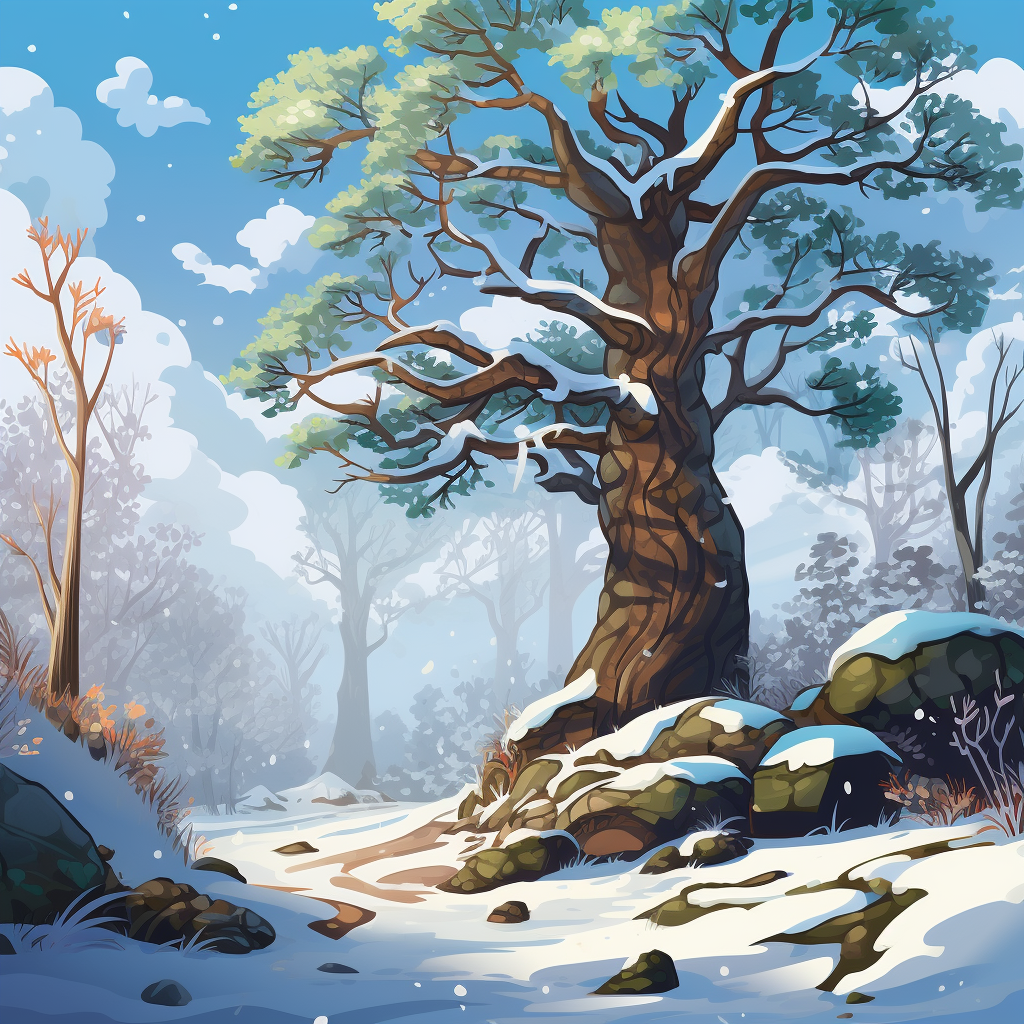 Cartoon-style winter forest with young marple tree