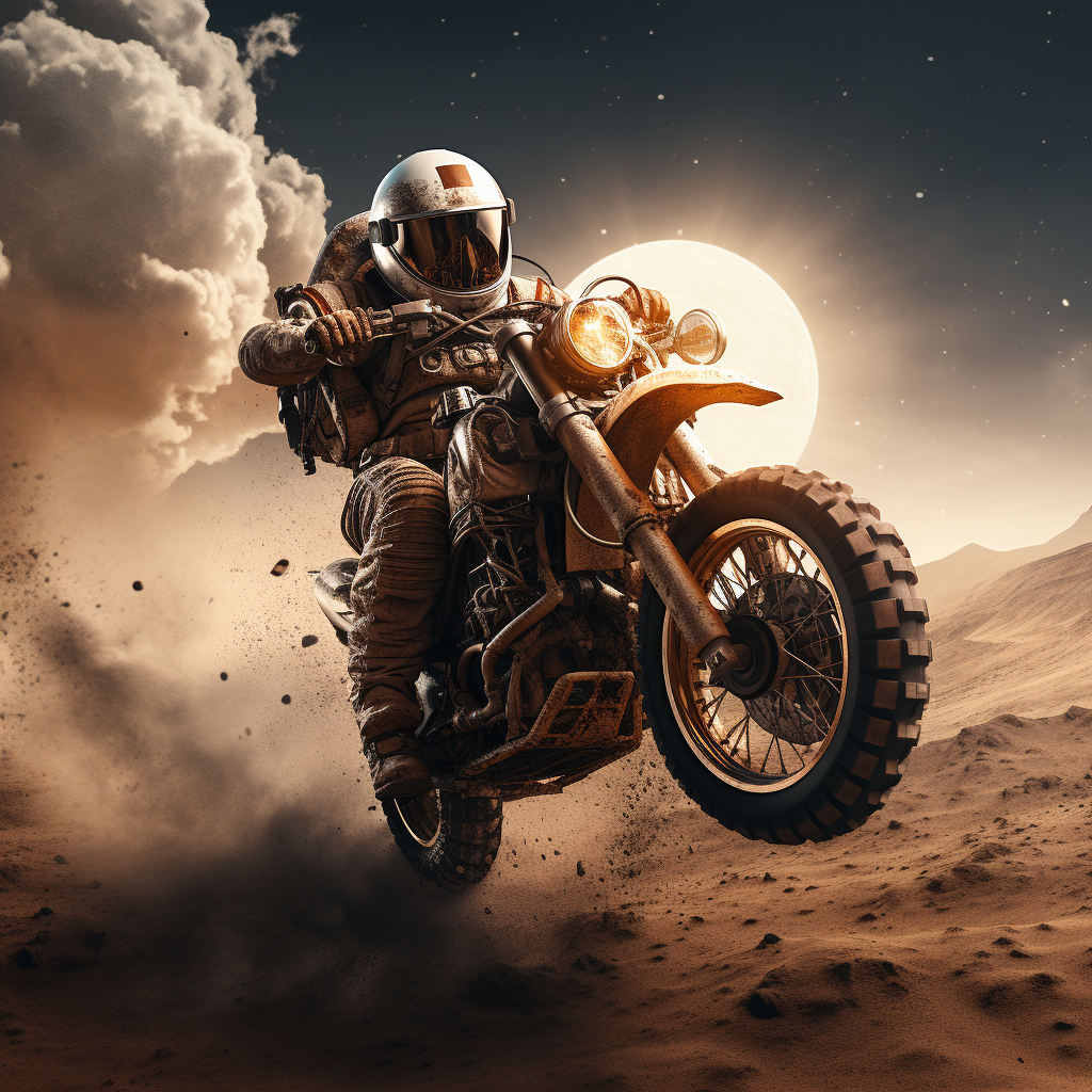 Astronaut on motorcycle exploring Mars