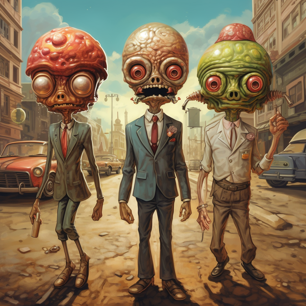 Aliens walking in steampunk Mars city