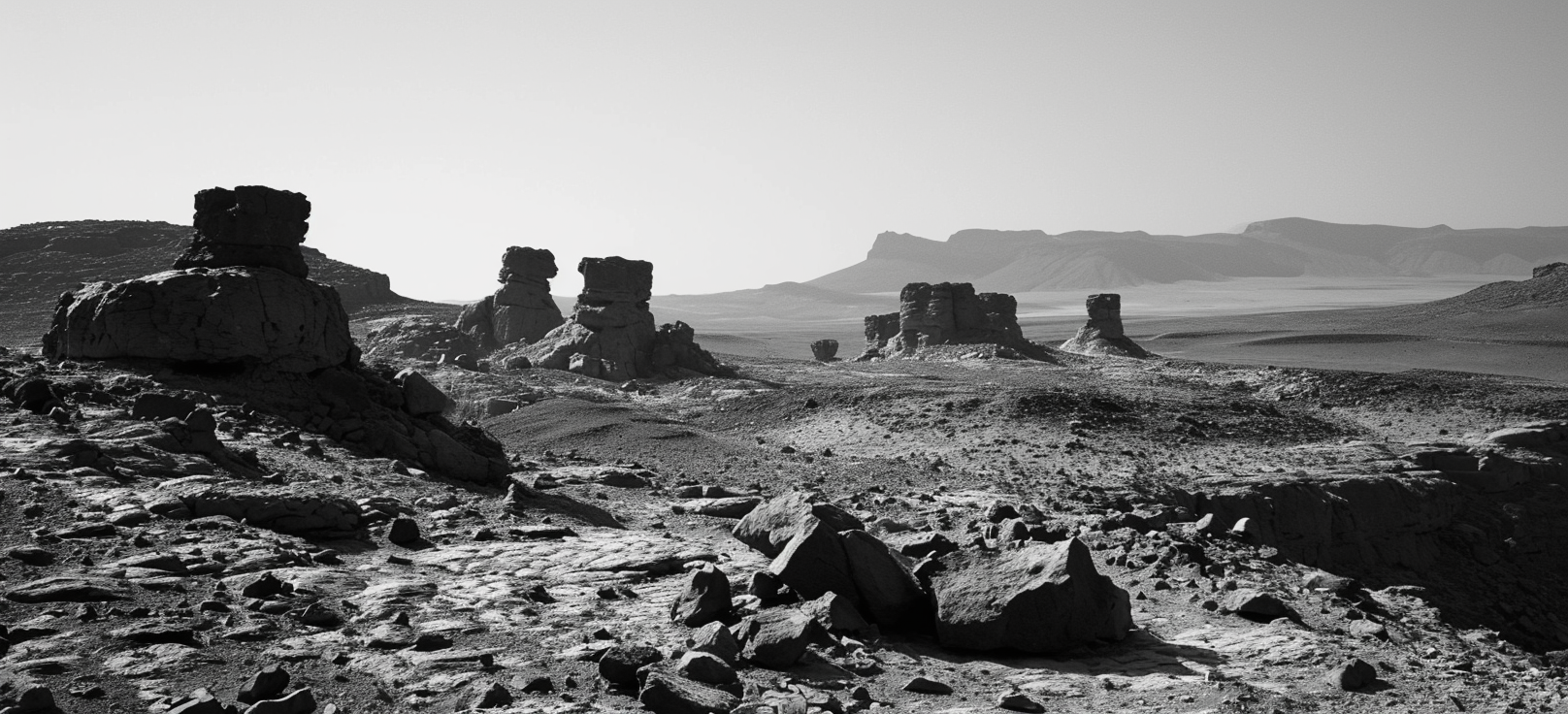 Black and white image of small stone structures on Mars