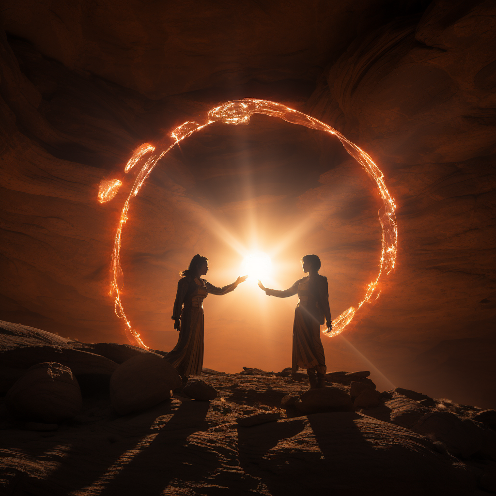 Two women hovering above Mars' surface in space