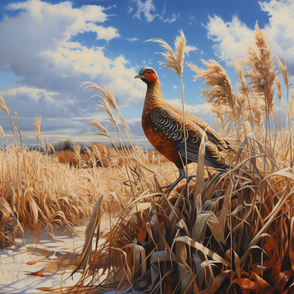 Male Pheasant flying over cattail marsh