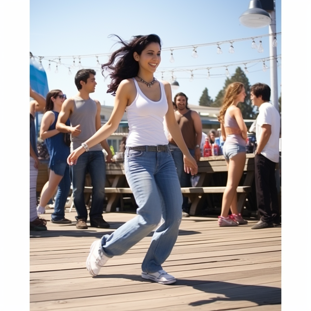 Martha Higareda happily dancing on a sunny California boardwalk