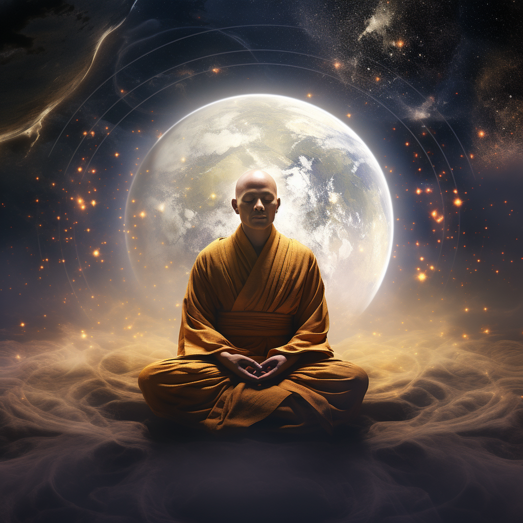 Martial Arts Monk Meditating Cosmic Energy Universe