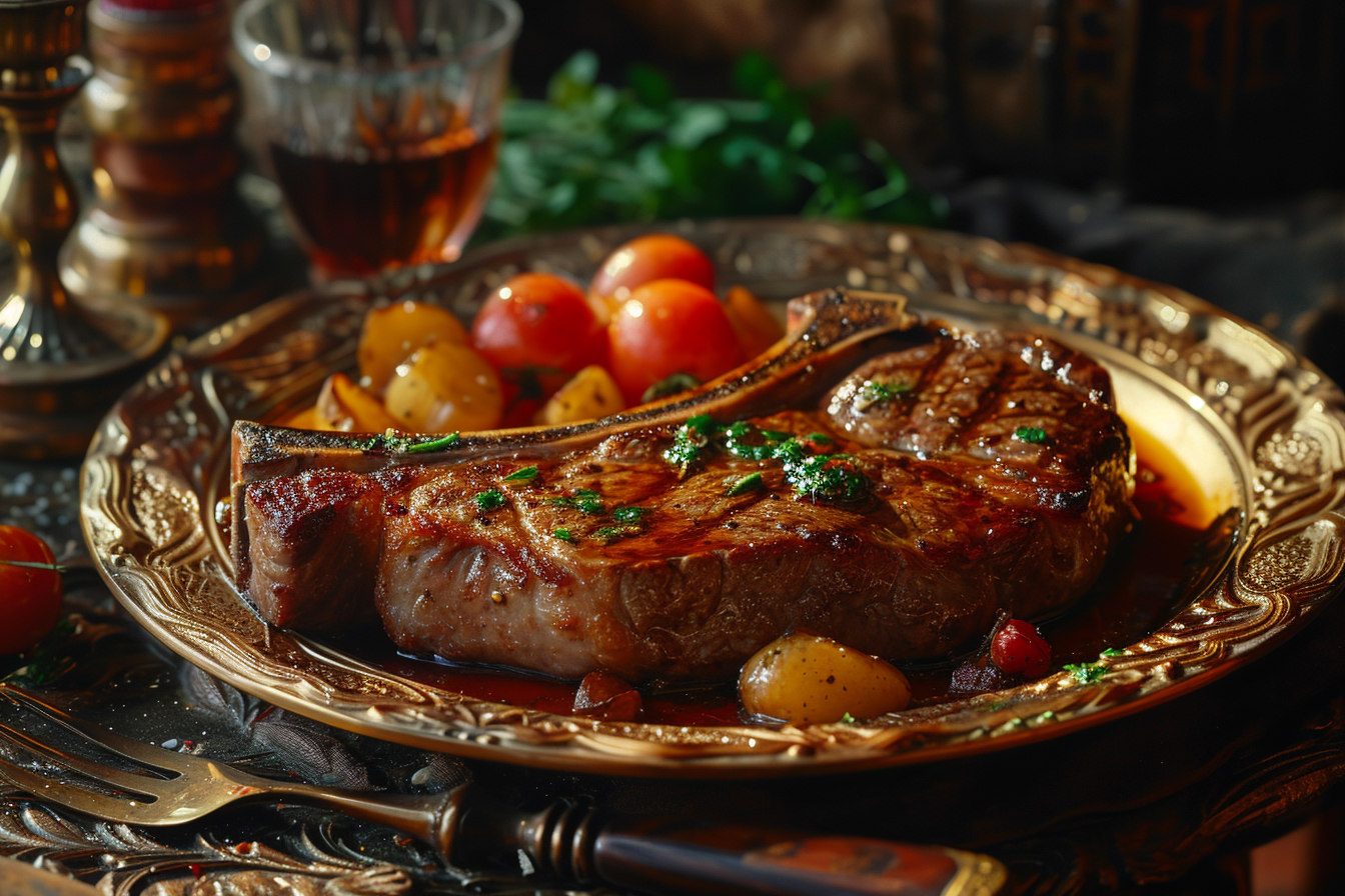 Colorful T-Bone Steak on Golden Plate