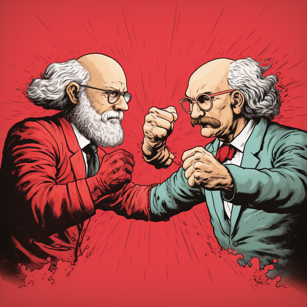 Karl Marx and Milton Friedman fist fighting