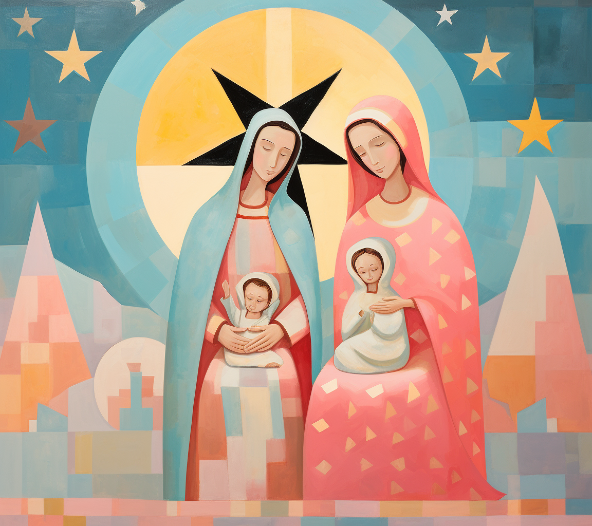 Playful painting of Mary, Joseph, and Baby Jesus