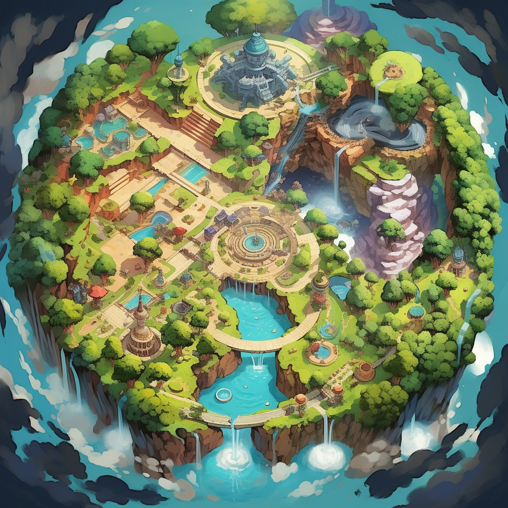 Aerial view of fantasy world with Pokémon