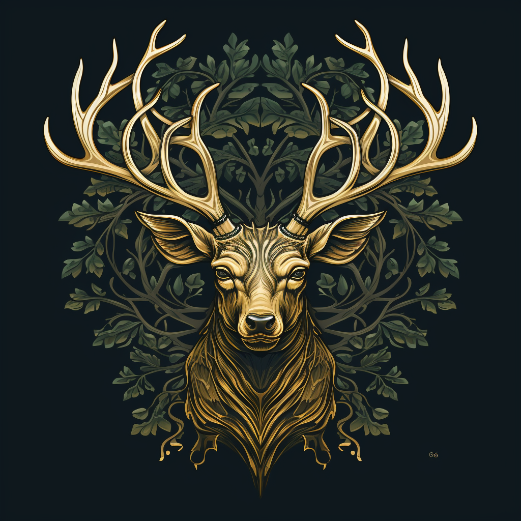 Mascot logo featuring cabossed stag head with tree antlers