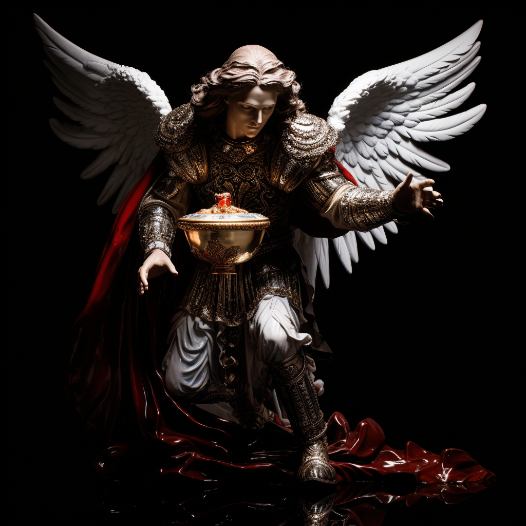 Masculine angel pouring liquid between holy grails