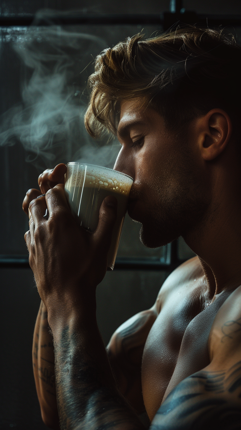 Masculine man drinking powdered coffee testosterone booster