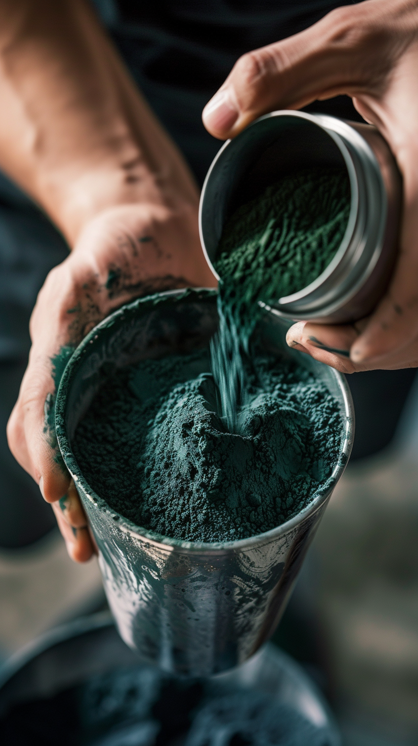 masculine man pouring dark green fitness supplement