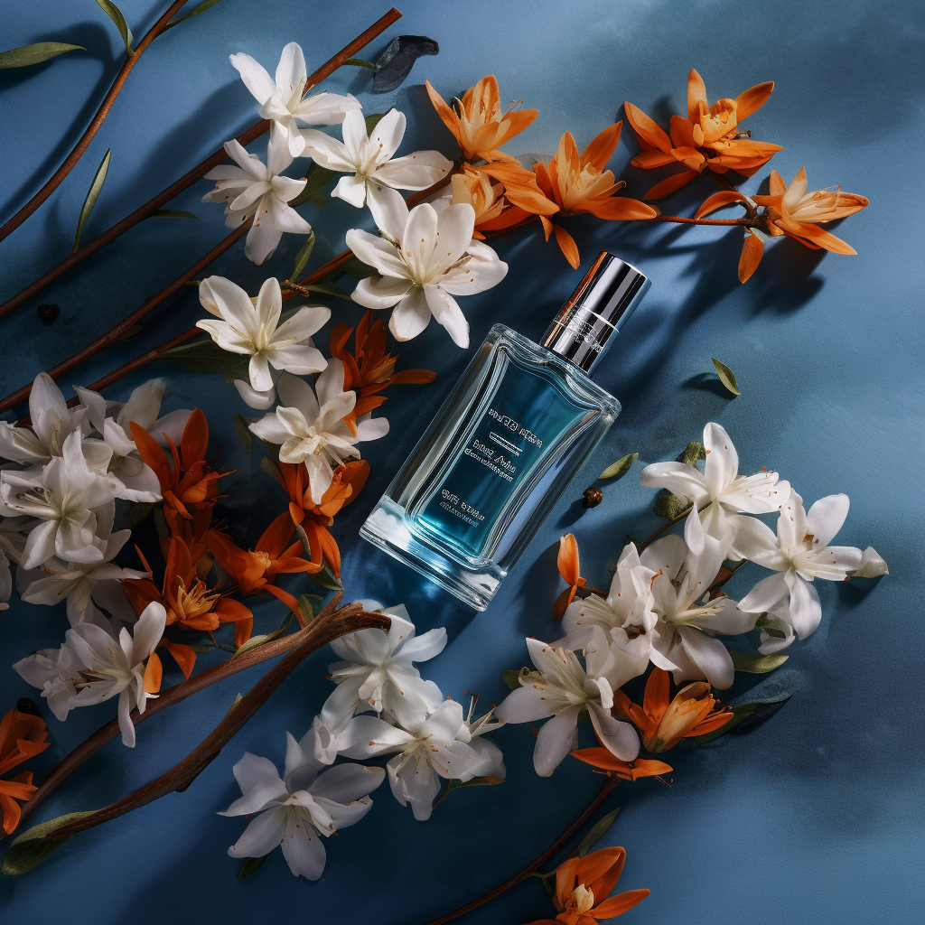 Masculine Perfume on Blue Background with Orange Blossom