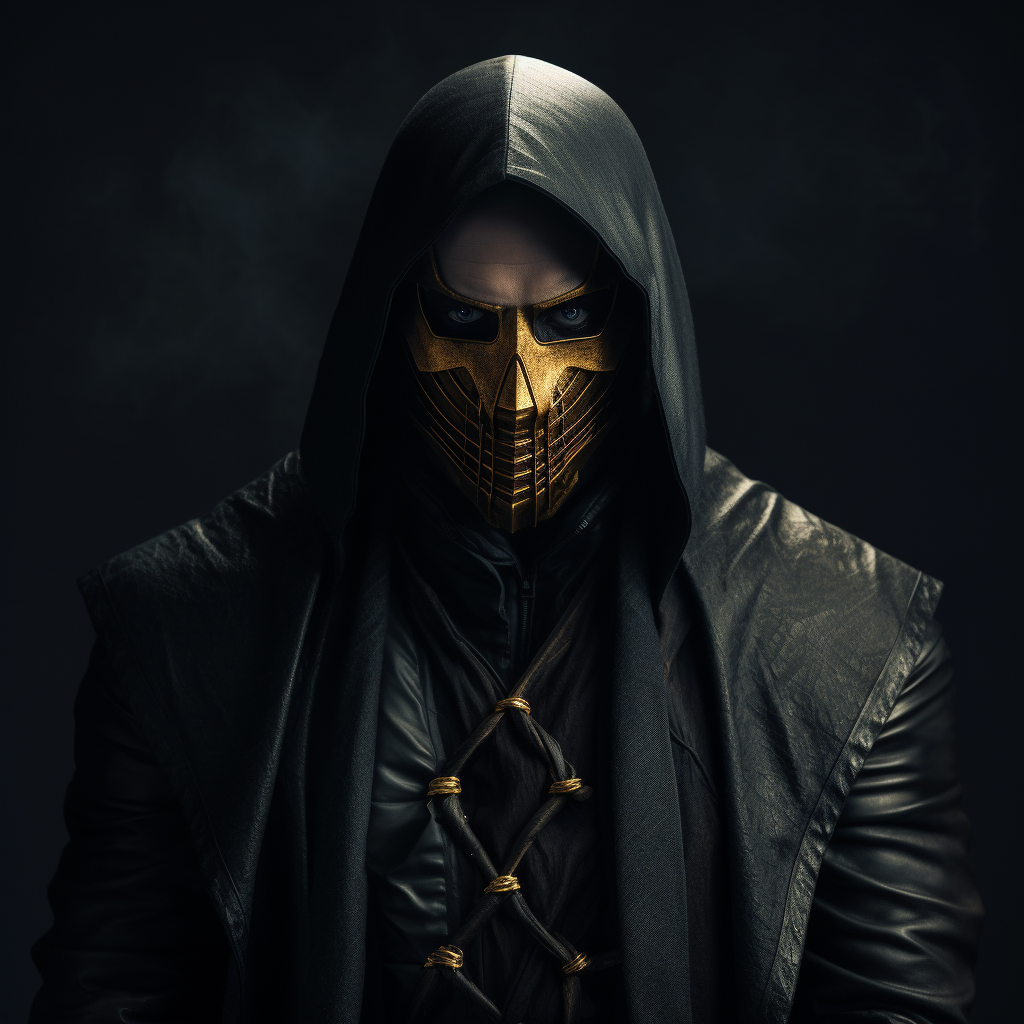 Masked man with golden petern lines on dark background