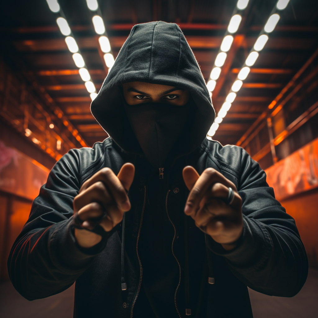 Masked man with hood and streetwear