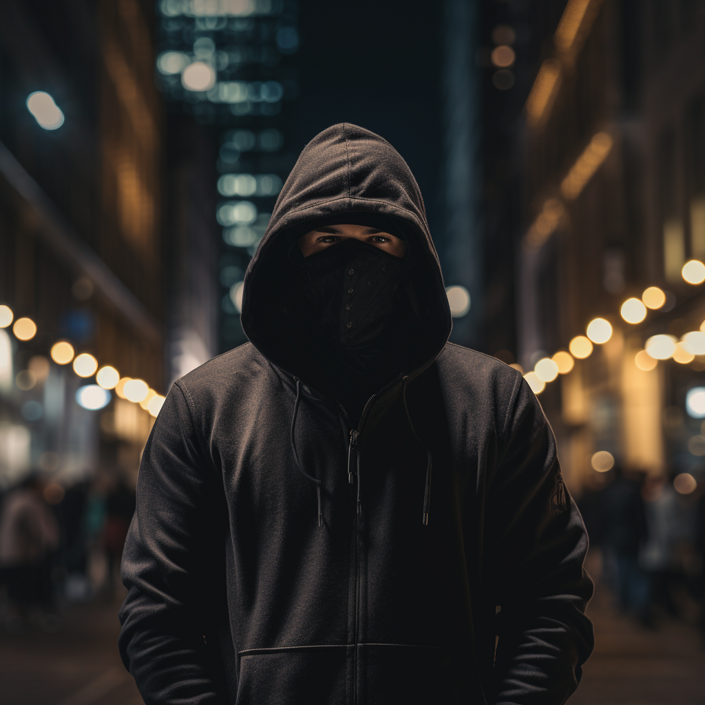 Masked man with hoodie, tugged clothes