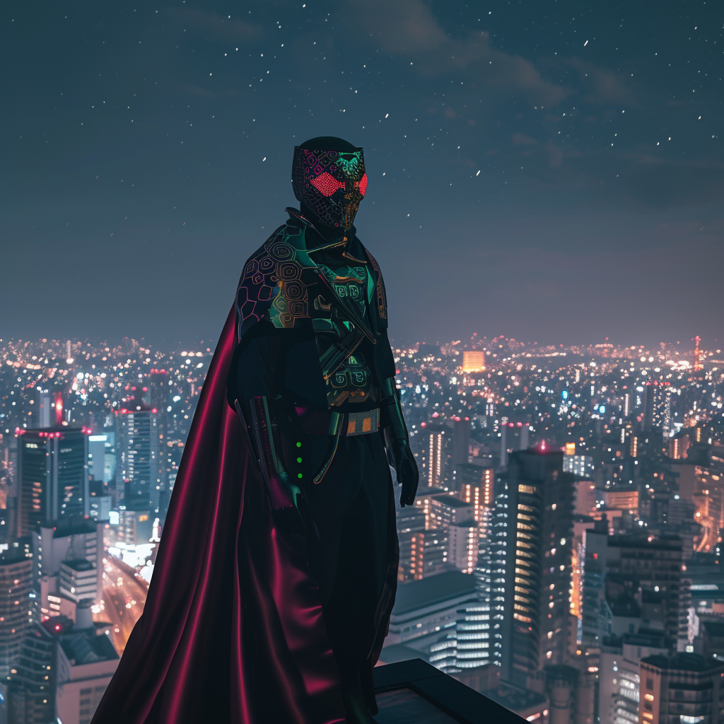 Masked man on rooftop in city at night