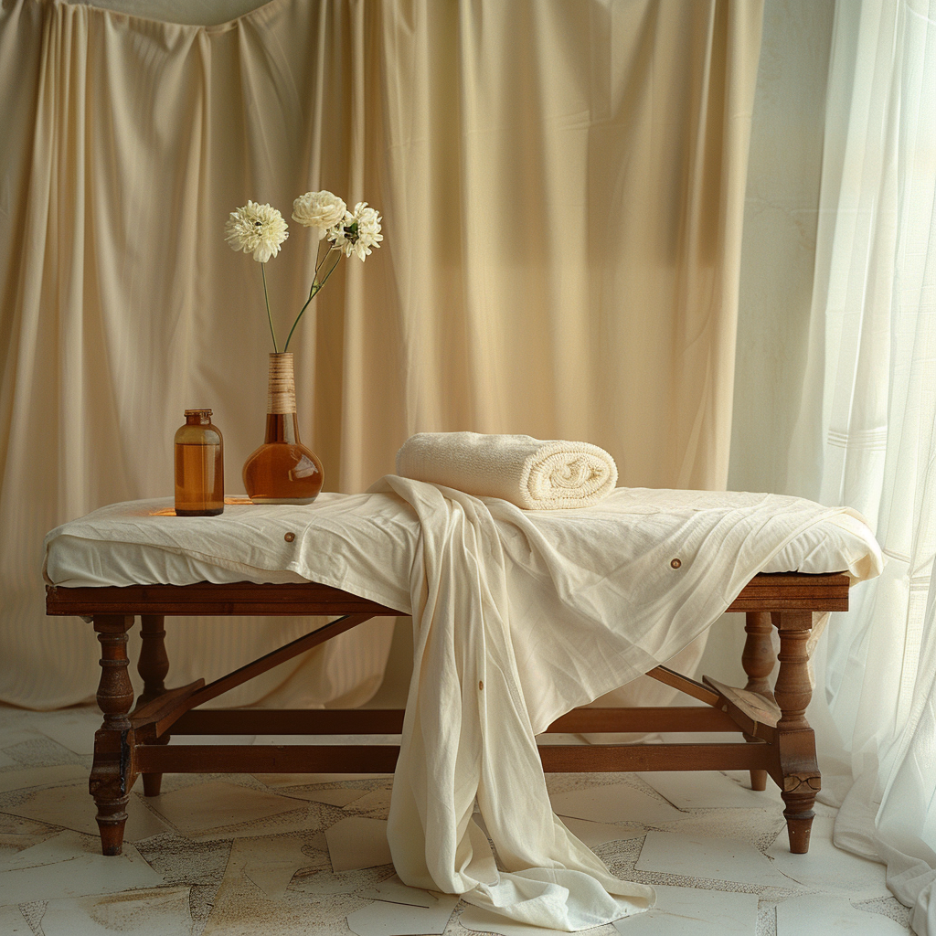 Massage table with sheets, oil bottles