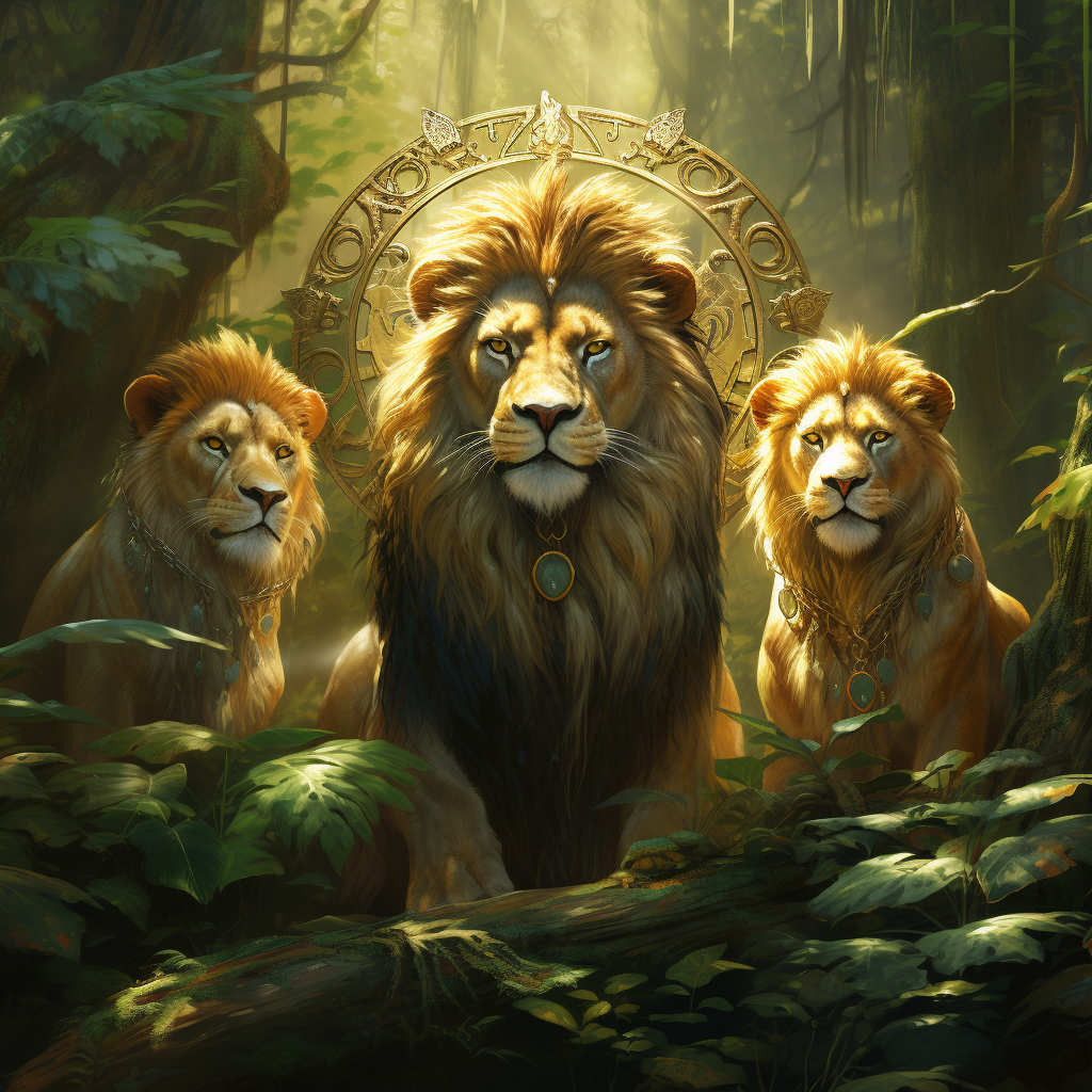 Three majestic lions amidst golden coins