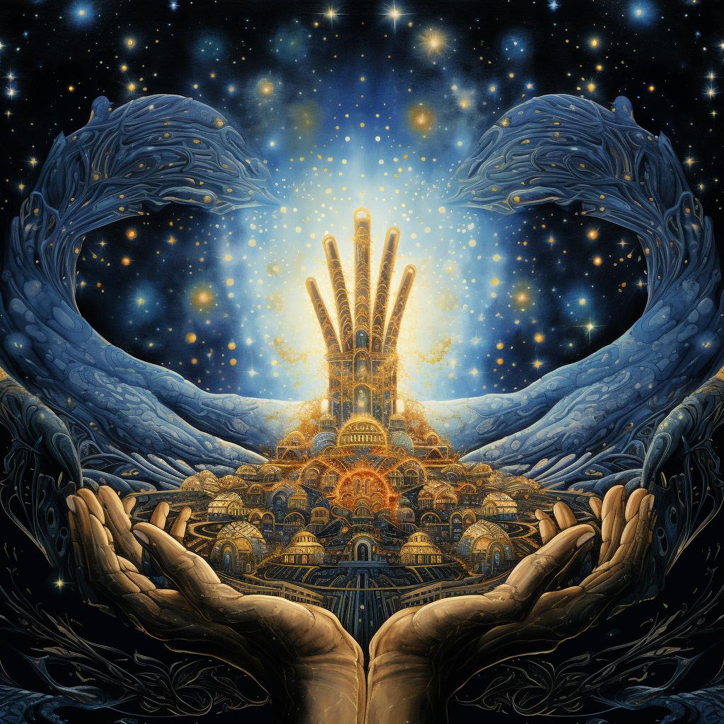 Radiant hands cradling vast universe