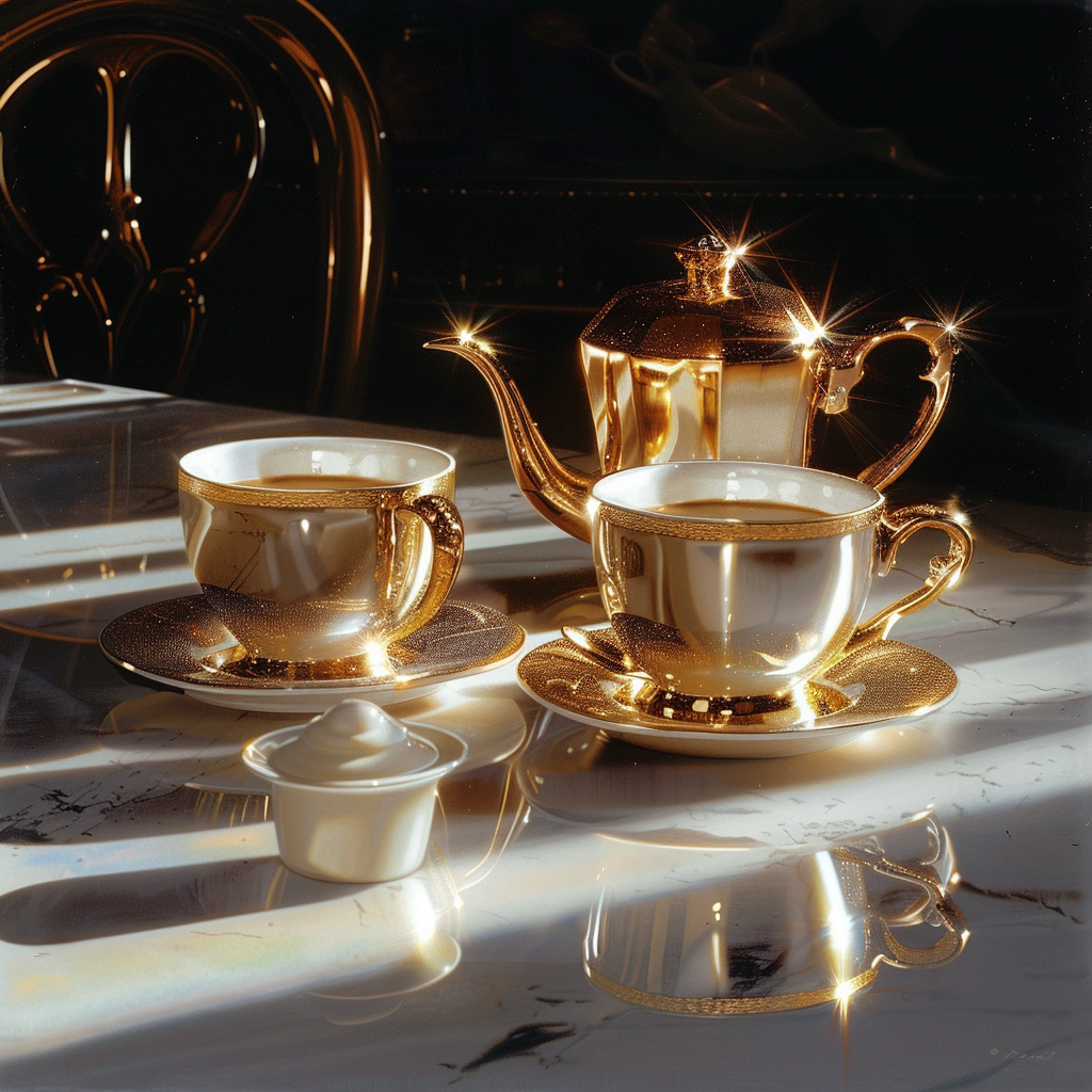 Iridescent gold coffee cup on counter