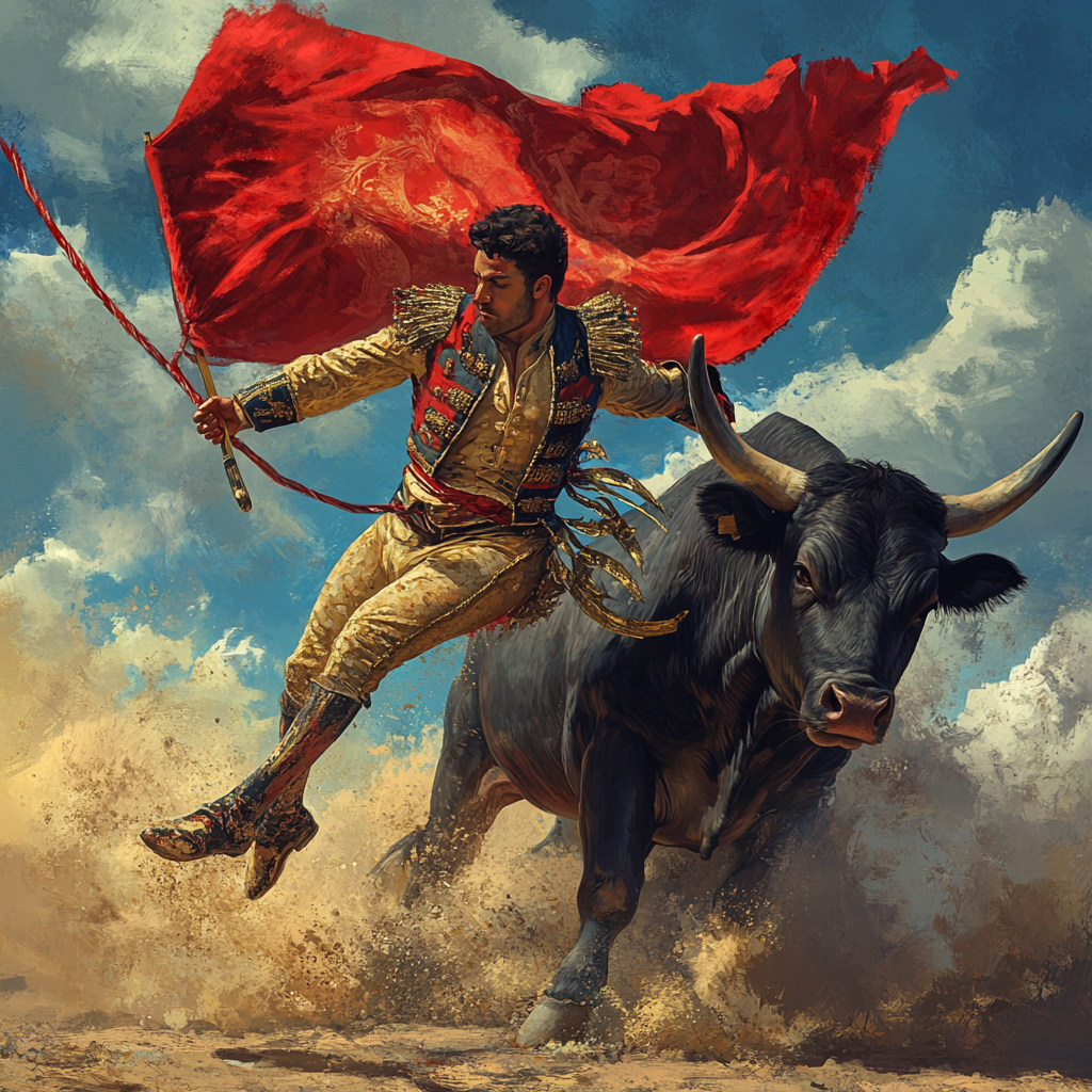 Matador waving red flag courageously