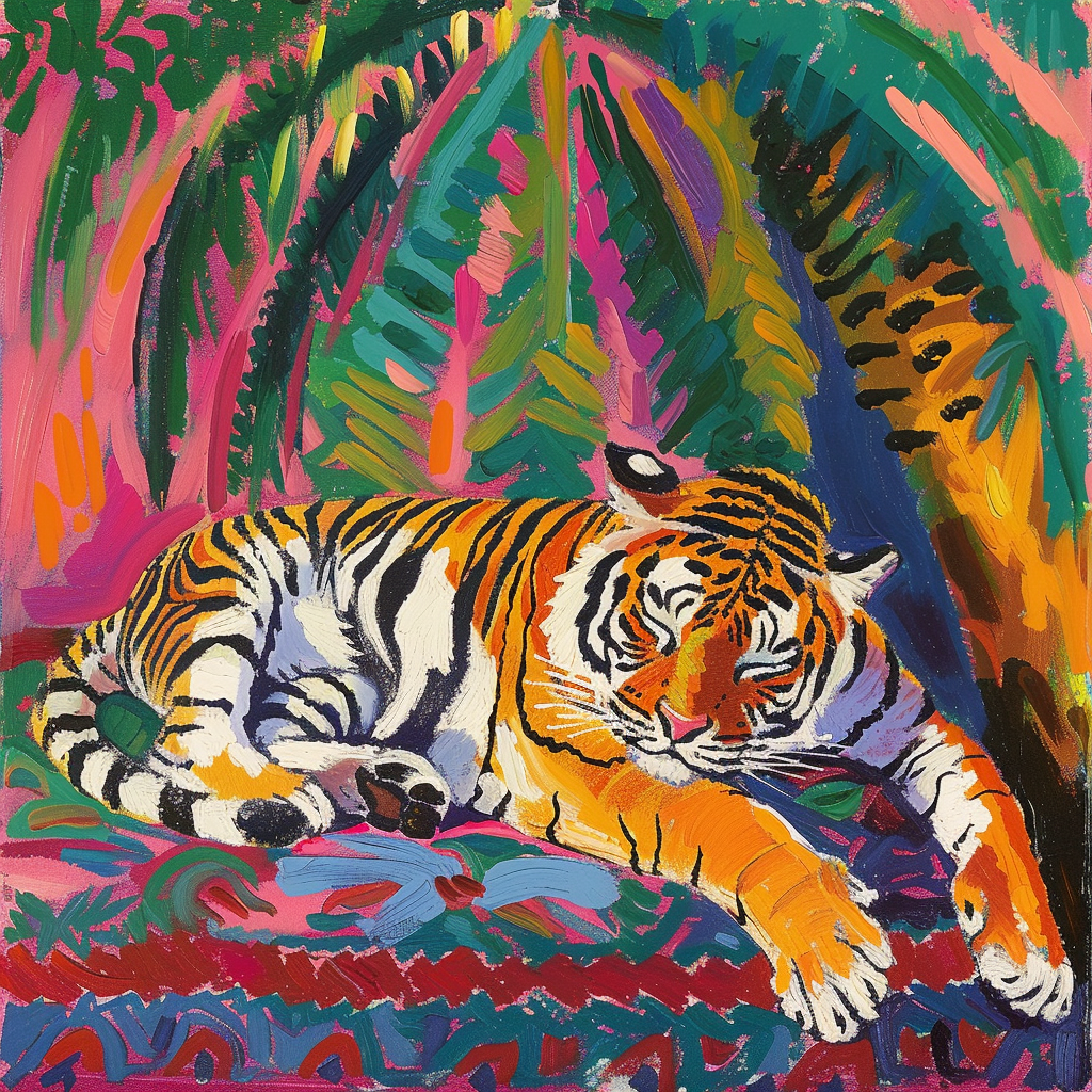 Fauvism painting with sleeping tiger on rug under palm tree