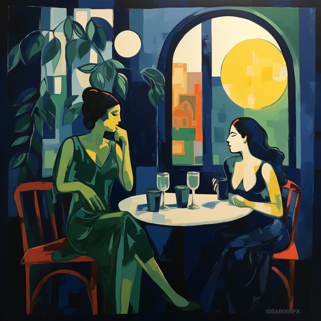 Two women enjoying wine at a moonlit café