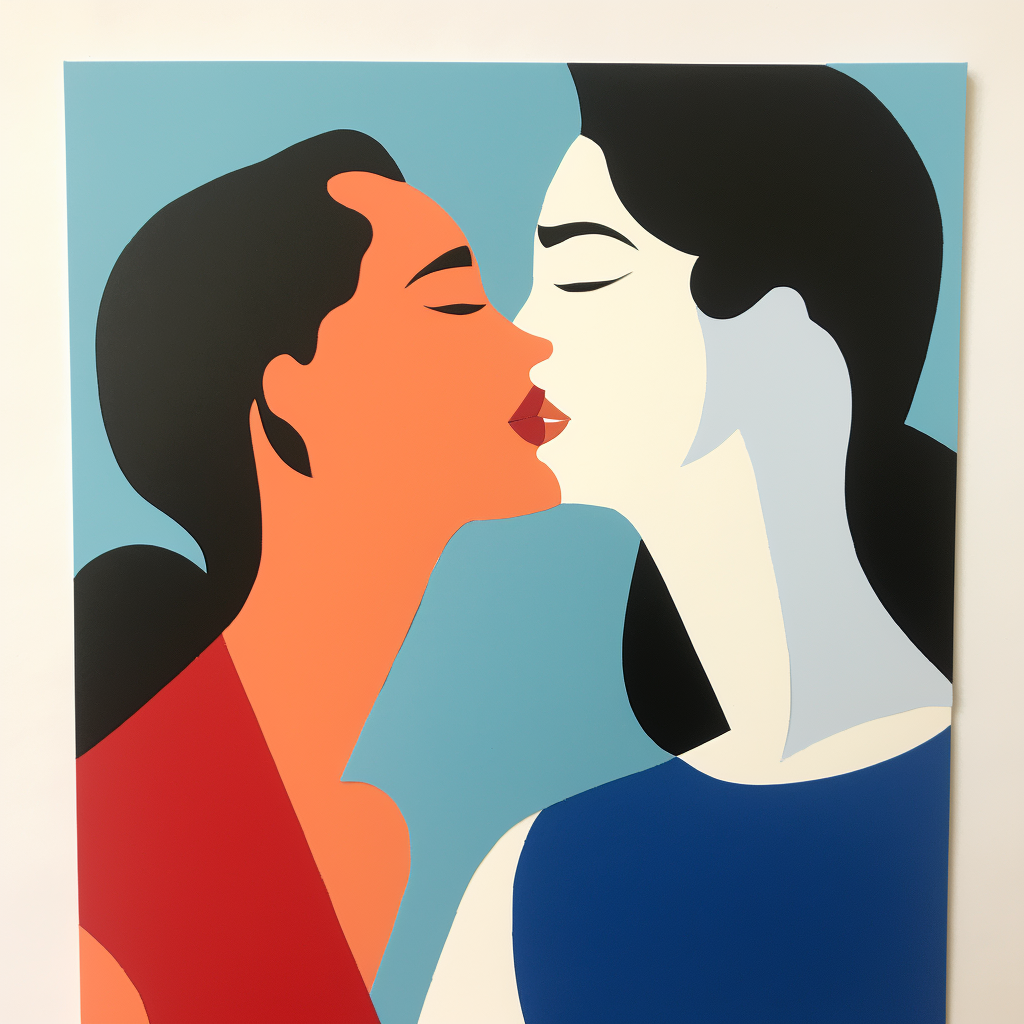 Minimalist painting of two women kissing