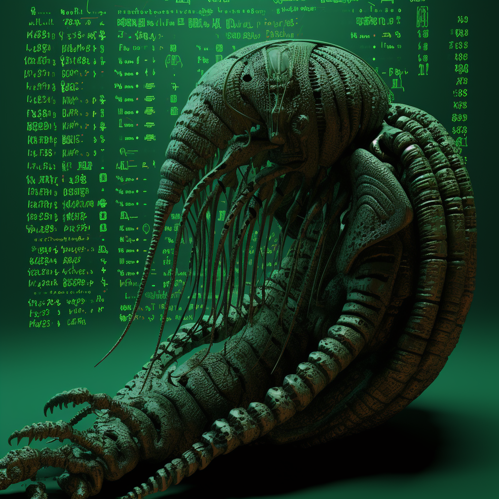 Matrix Code Dripping Text Background with Trilobite Fossil