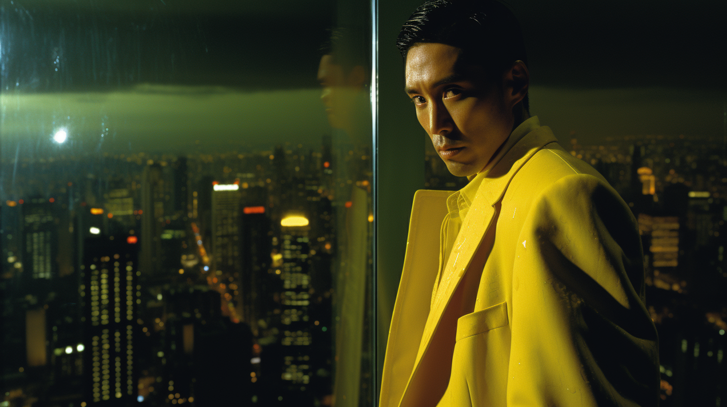 Tony Leung in yellow suit looking out at cityscape