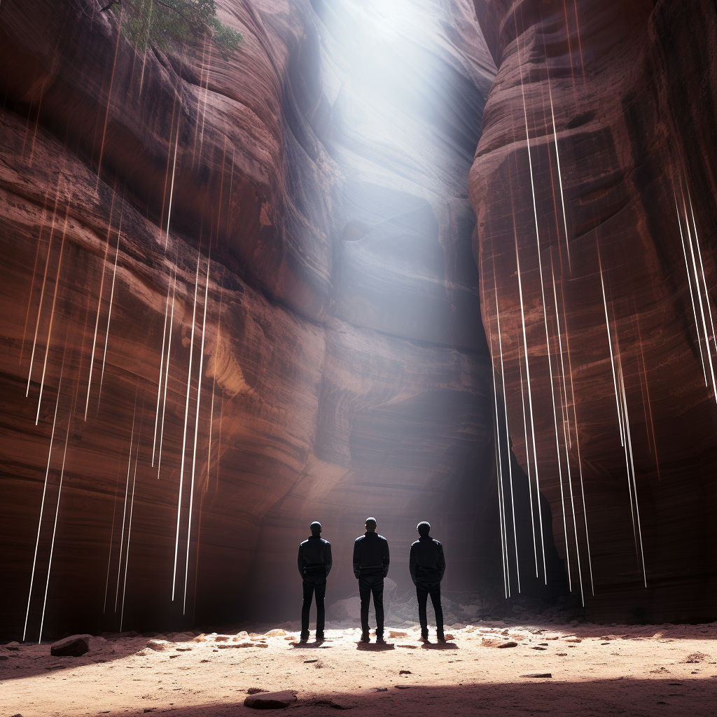 Matrix trio in Zion with futuristic architecture