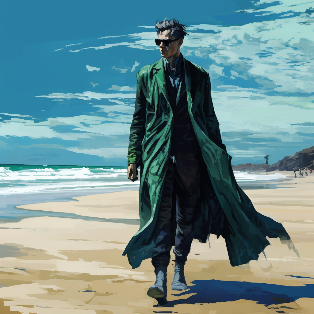 Artistic depiction of a beach stroll in the Matrix