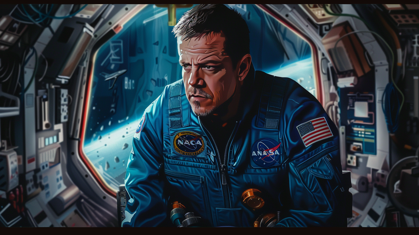 Matt Damon in blue jumpsuit