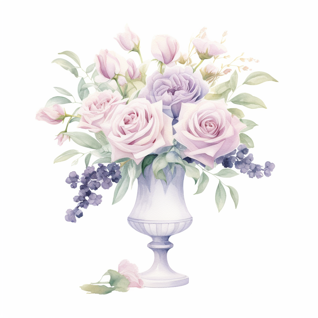 Watercolor floral arrangement lavender roses in pedestal vase