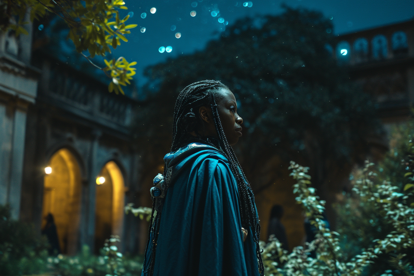 Image of a mature African American matron in a garden at night